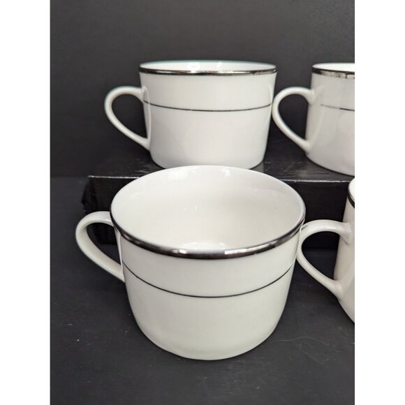 HausenWare White Porcelain Flat Coffee/Tea Cup 8 Oz Silver Rim Set of 4 - Picture 5 of 9